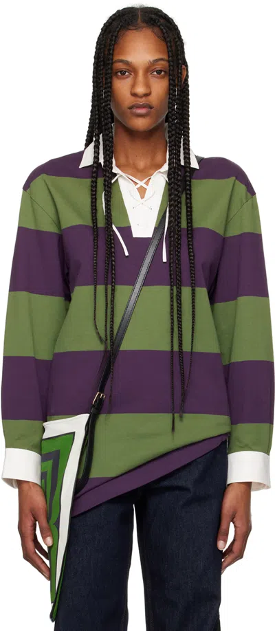 Dries Van Noten Oversized Tie-detailed Striped Cotton-blend Jersey Polo Shirt In Purple