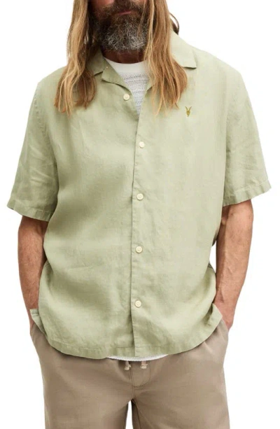 Allsaints Mens Herb Green Audley Ramskull-embroidered Hemp Shirt