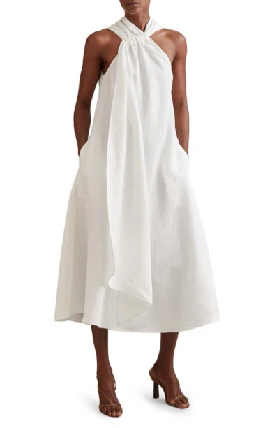 Reiss Cosette - White Linen Blend Drape Midi Dress, Us 6