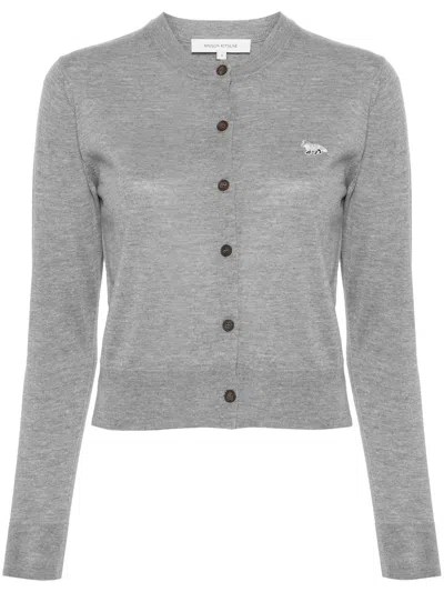 Maison Kitsuné Wool Cardigan With Logo Embroidery In Grey