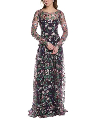 Marchesa Notte Botanical-embroidery Sheer-overlay Gown In Multi