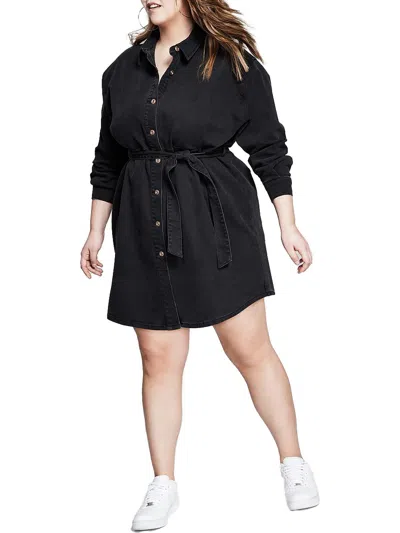 And Now This Plus Womens Denim Short Shirtdress In Black
