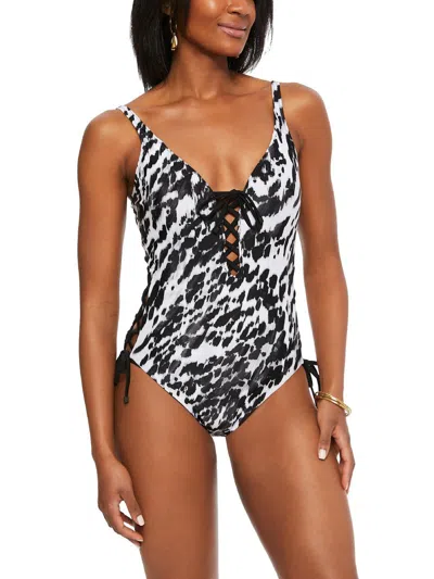 Bar Iii Womens Printed Lace-up One-piece Swimsuit In Black