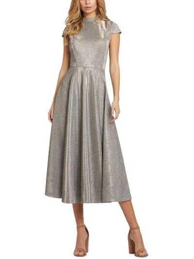 Ieena For Mac Duggal Metallic Cap Sleeve Tea-length Dress In Silver