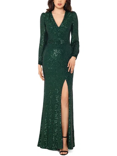 Xscape Petites Womens Sequined Maxi Evening Dress In Green