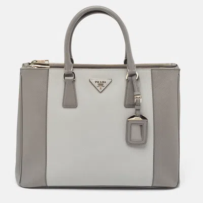 Prada Two Tone Saffiano Leather Large Double Zip Tote In Gray