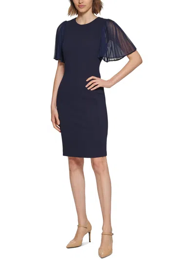 Calvin Klein Womens Pleated Sleeves Round Neck Sheath Dress In Blue