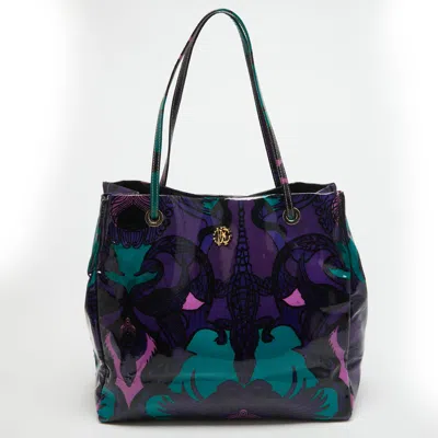 Roberto Cavalli Multicolor Printed Patent Leather Rc Logo Tote In Green