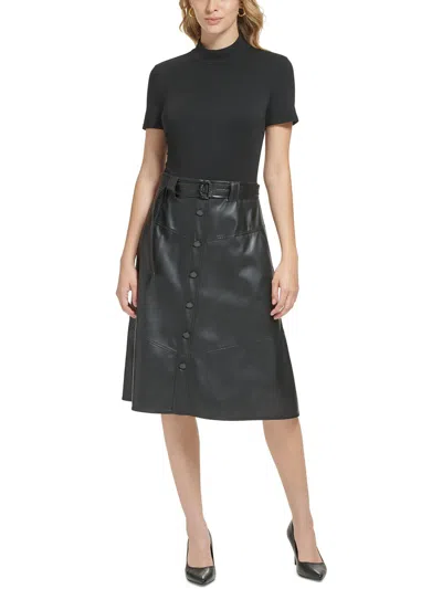 Karl Lagerfeld Womens Faux Leather Trim Midi Sheath Dress In Black