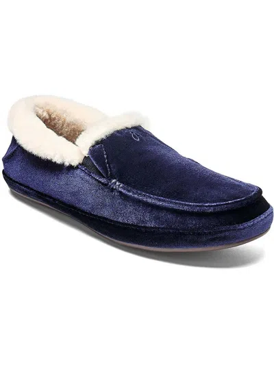 Olukai Ku'una Lanui Womens Velvet Shearling Lined Moccasin Slippers In Blue