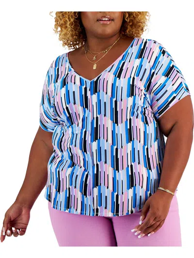 Bar Iii Plus Womens Geometric Print V-neck Pullover Top In Blue