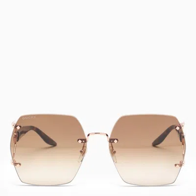 Gucci Gold And Brown Hexagonal Sunglasses Women