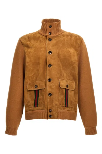 Gucci Men Suede Bomber Jacket With Web Details In Cream