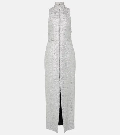 Alessandra Rich Front-slit Lurex Tweed Midi Dress In Gray