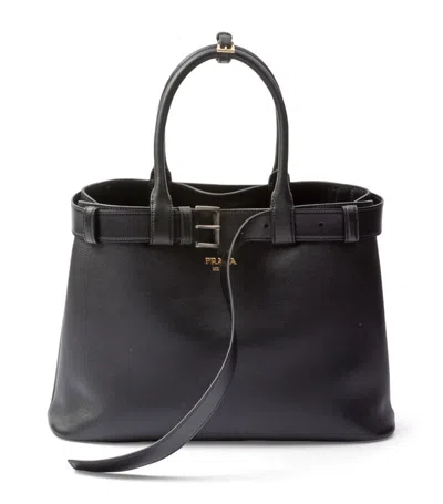 Prada Buckle Medium Leather Handbag In Nero