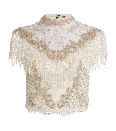 Alice And Olivia Embellished-fringe Pria Top In Ivory