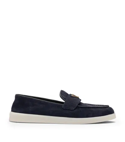Prada Suede Triangle Loafers In Blue