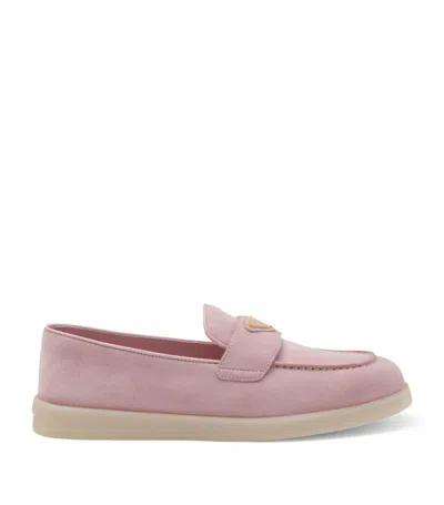 Prada Suede Triangle Loafers In Pink