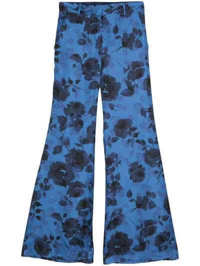 Alberto Biani Floral Silk Wide Trousers In Blue