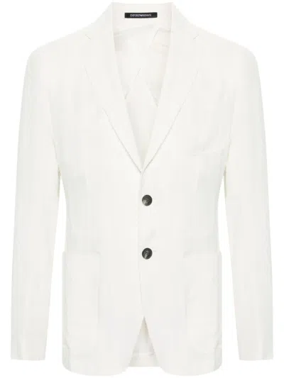 Emporio Armani 单排扣亚麻西装夹克 In White