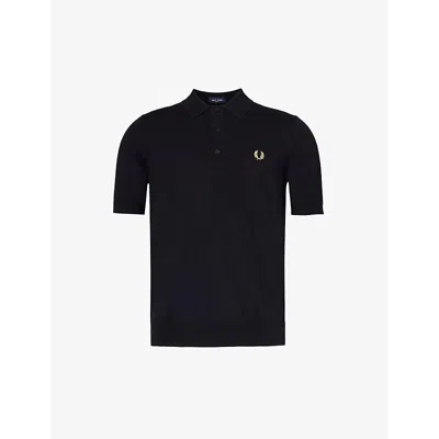 Fred Perry Mens Black Logo-embroidered Striped-trim Wool And Cotton-blend Knitted Polo Shirt