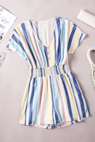 Dear Lover Striped V-neck With Side Pockets Short Sleeve Button Romper In Multicolor