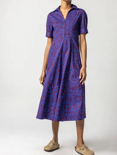 Lilla P Printed Poplin Collared Maxi Dress In Cobalt Motif In Multi