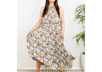 Rosevelvet Flower Print Pleated Dress In Blue