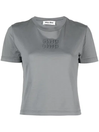 Miu Miu Logo-embossed Cotton Cropped T-shirt In Grey