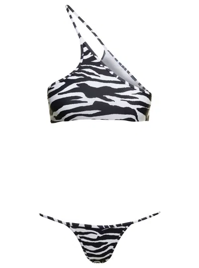 Attico One-shoulder Zebra-print Bikini Set In Black,white