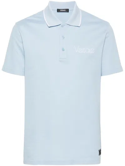 Versace Logo-embroidered Cotton Polo Shirt In Blue