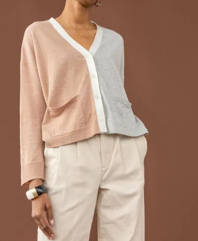 Lilla P Color Blocked Pocket Cardigan Sweater In Heather Grey/truffle In Multi