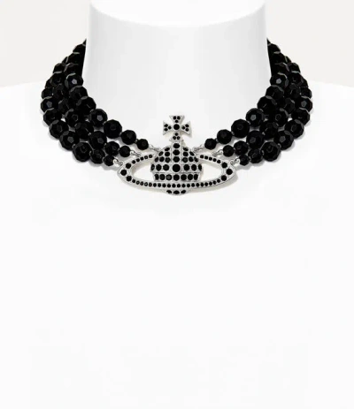 Vivienne Westwood Messaline Three Row Beaded Choker In Platinum-ruthenium-black-agate-gemstone-jet