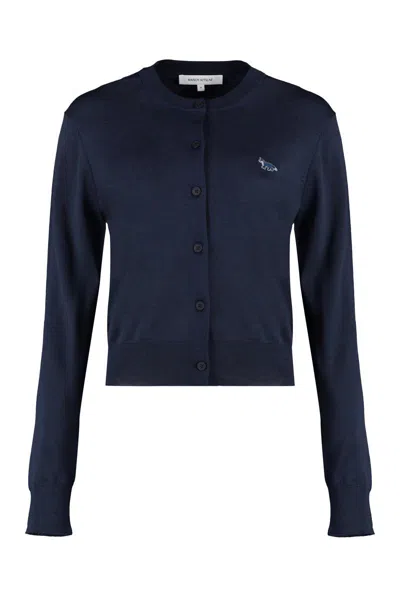 Maison Kitsuné Wool Cardigan With Logo Embroidery In Blue