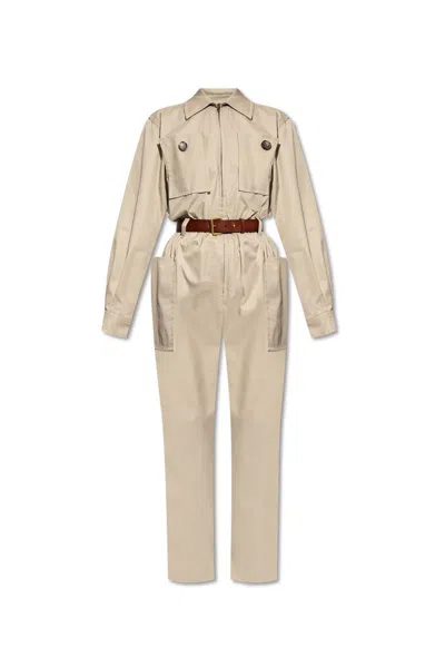 Saint Laurent Belted Cotton-twill Jumpsuit In Nude
