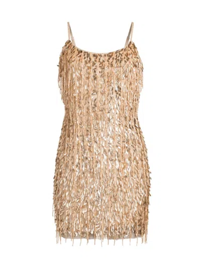 Liv Foster Sleeveless Sequin Bead-fringe Mini Dress In Light Gold