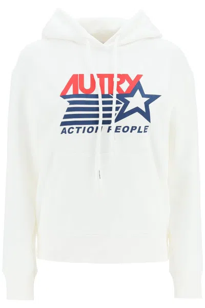 Autry Logo Printed Drawstring Hoodie In White