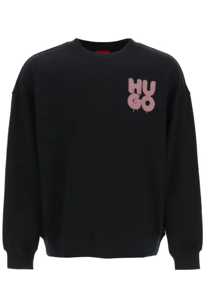 Hugo Oversized-fit Cotton-terry Sweatshirt With Graffiti-inspired Logos In Black