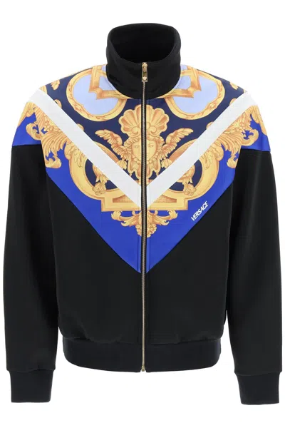 Versace Black Barocco Print Zipped Sweatshirt In Cotton Blend Man In Multi-colored