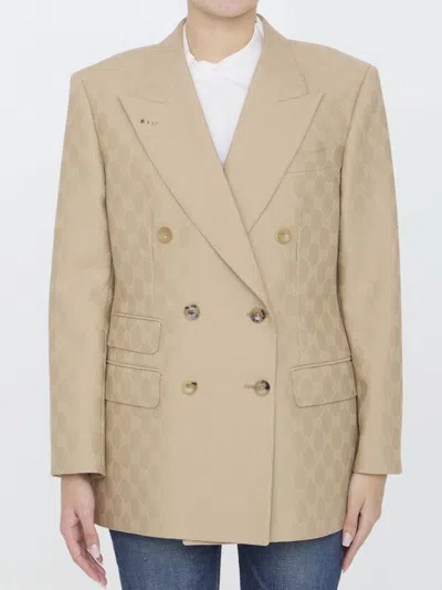 Gucci Gg Jacquard Wool Jacket In Beige