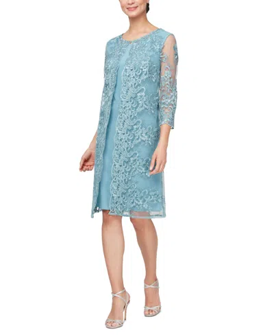 Alex Evenings Women's Embroidered Mesh Jacket Sheath Dress In Vintage Teal
