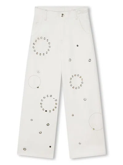 Chloé Kids' Eyelet-detail Cotton Trousers In White