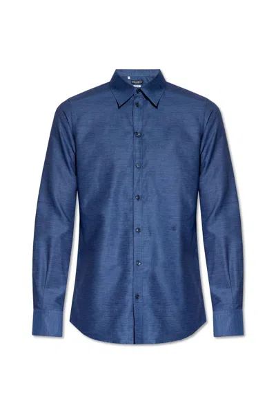 Dolce & Gabbana Logo Embroidered Buttoned Shirt In Blu