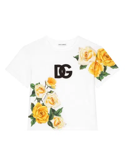 Dolce & Gabbana Kids' T-shirt With Dg Logo And Yellow Rose Print In Fantasia
