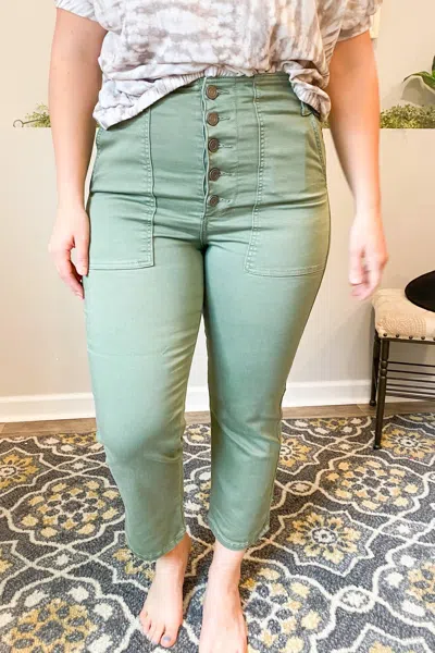 Rubberband Button Up Cropped Jean In Olive In Green