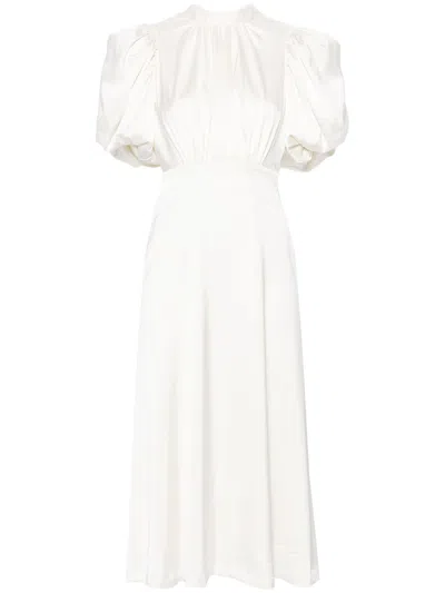 Rotate Birger Christensen Puff-sleeve Satin Midi Dress In White