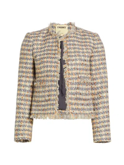 L Agence Women's Angelina Fringed Tweed Jacket In Grey Ecru Gold