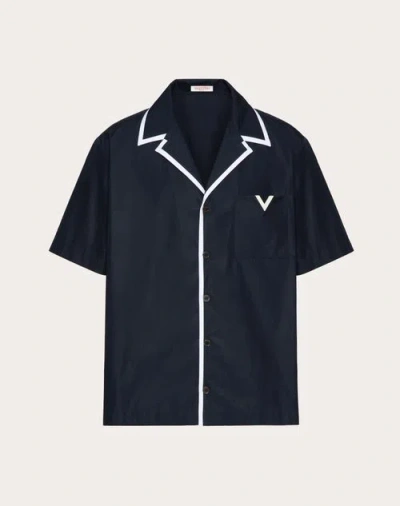 Valentino Cotton Poplin Bowling Shirt With Rubberised V Detail In Navy