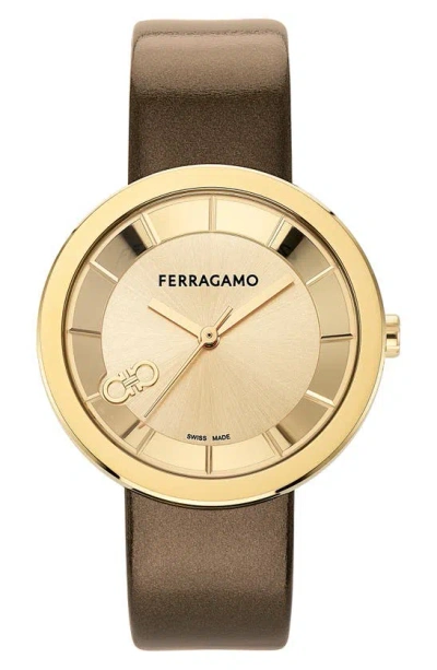 Ferragamo Curve V2 Leather Strap Watch, 35mm In Gold/brown