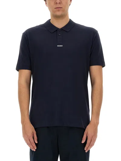 Hugo Cotton-piqu Polo Shirt With Logo Print In Blue